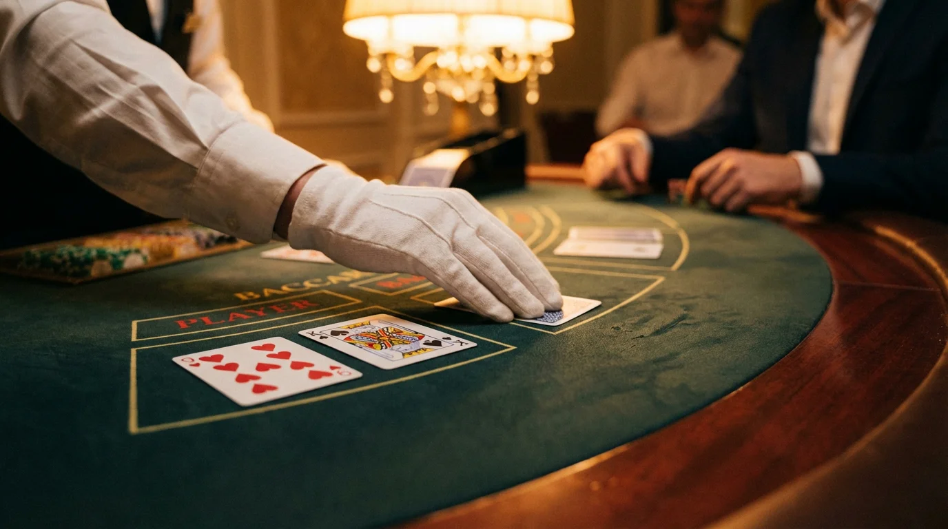 Elegant baccarat table setup with cards being dealt by a dealer's hand on dark felt