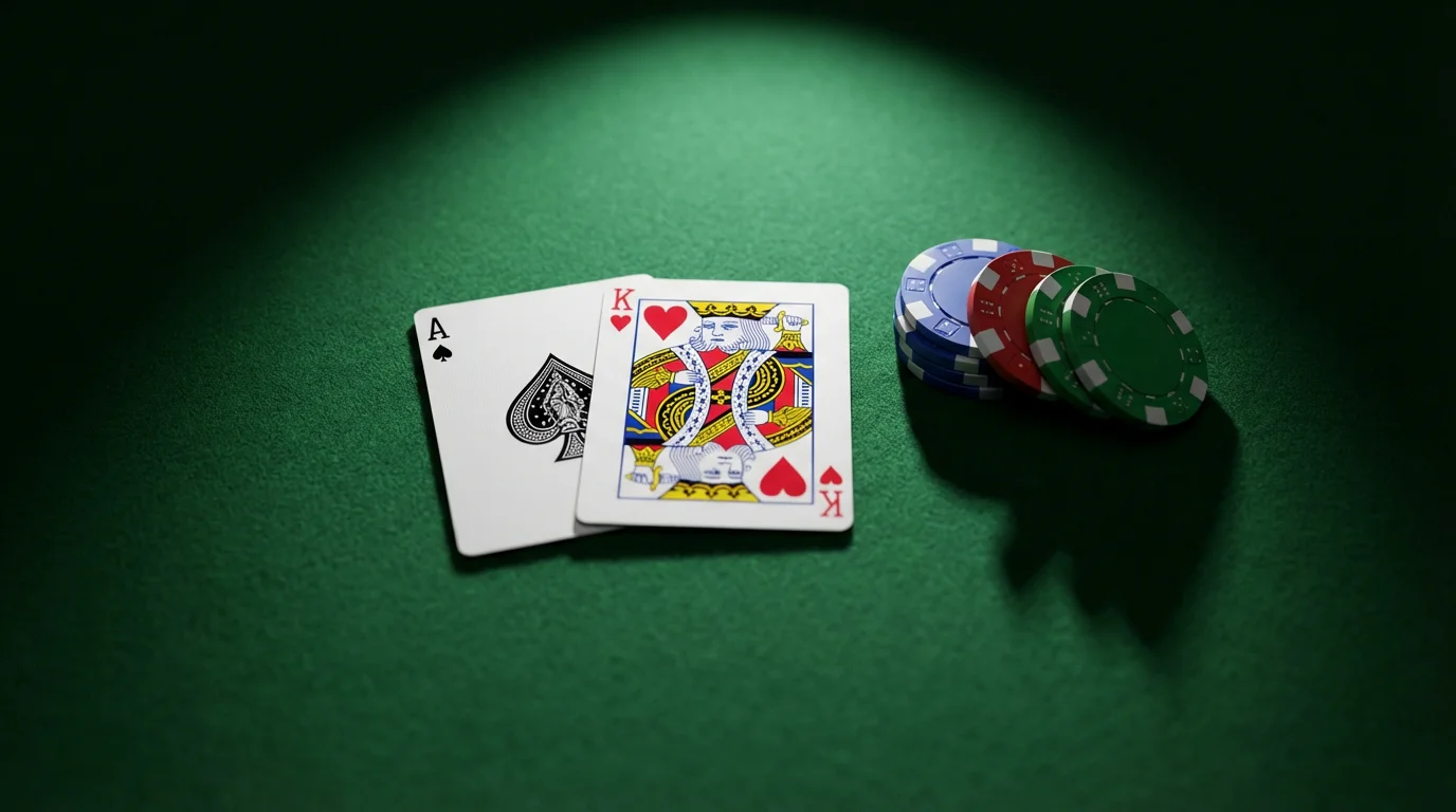 Close-up of a blackjack hand showing an ace and a face card on green felt with chips nearby