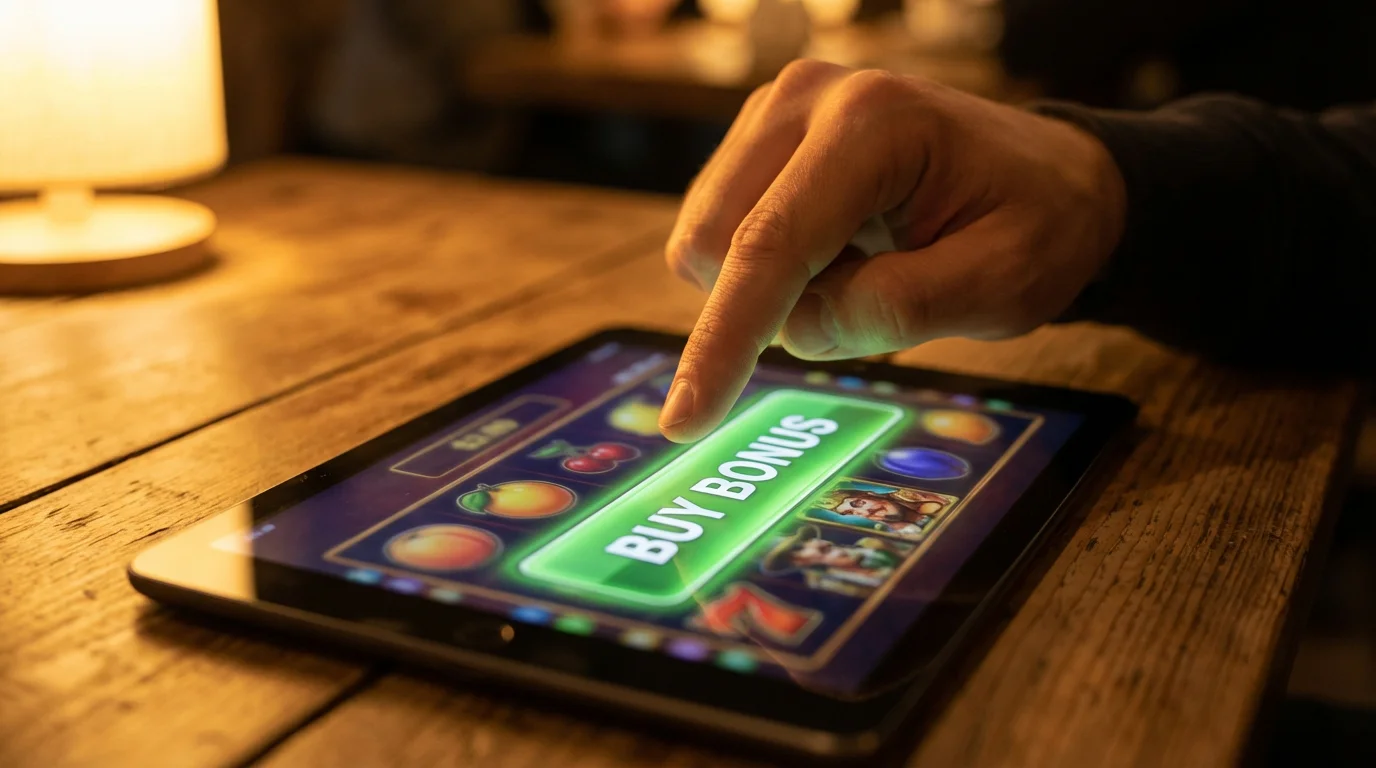 A person's finger tapping a glowing 'Buy Bonus' button on a tablet screen