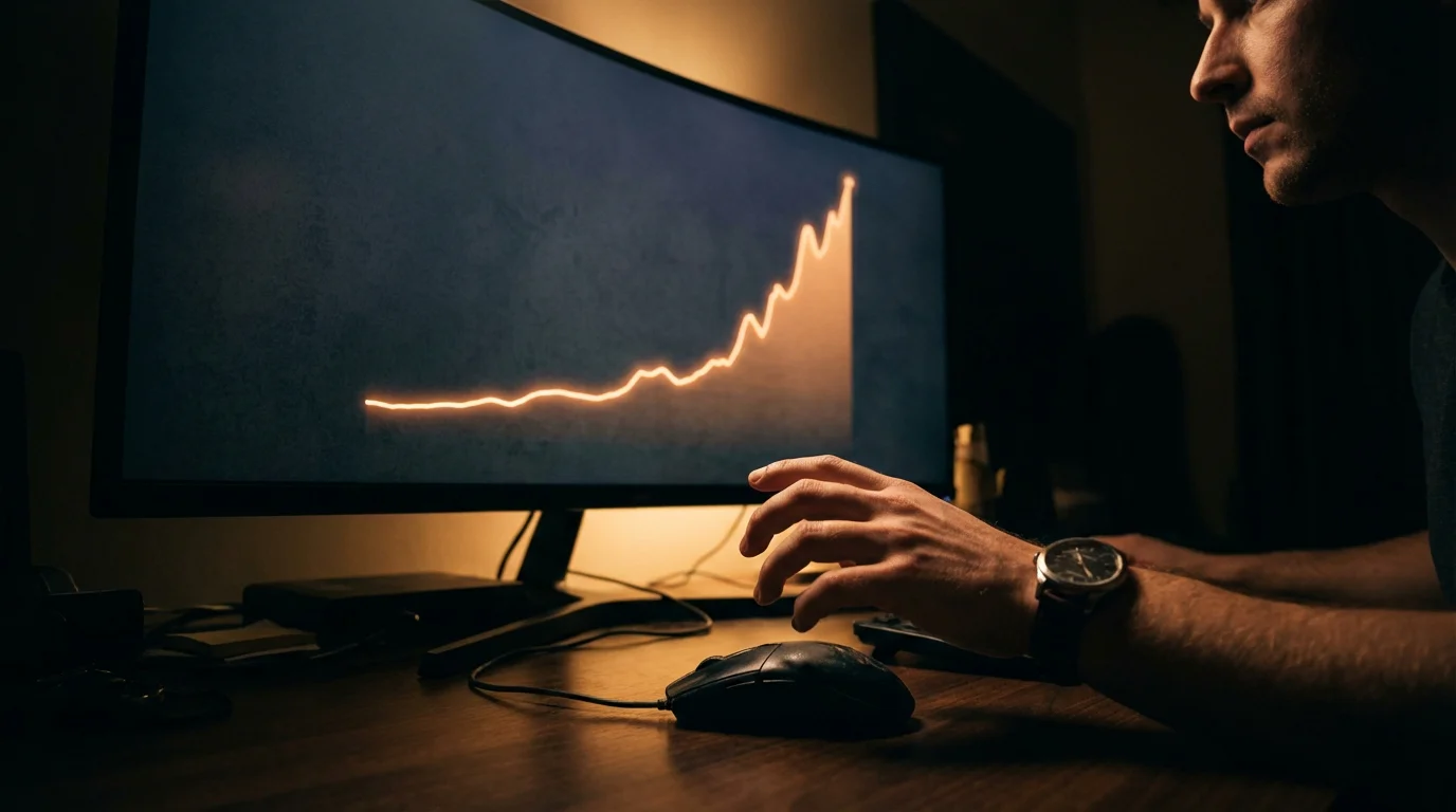 A rising curve graph on a monitor screen with a person's hand hovering over a mouse