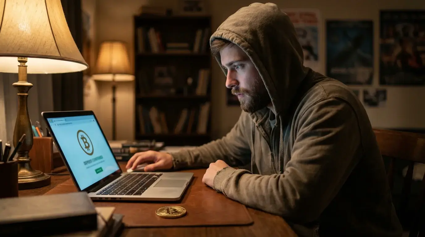 Crypto casino player making a Bitcoin deposit on a laptop in a dimly lit room with blockchain symbols on screen