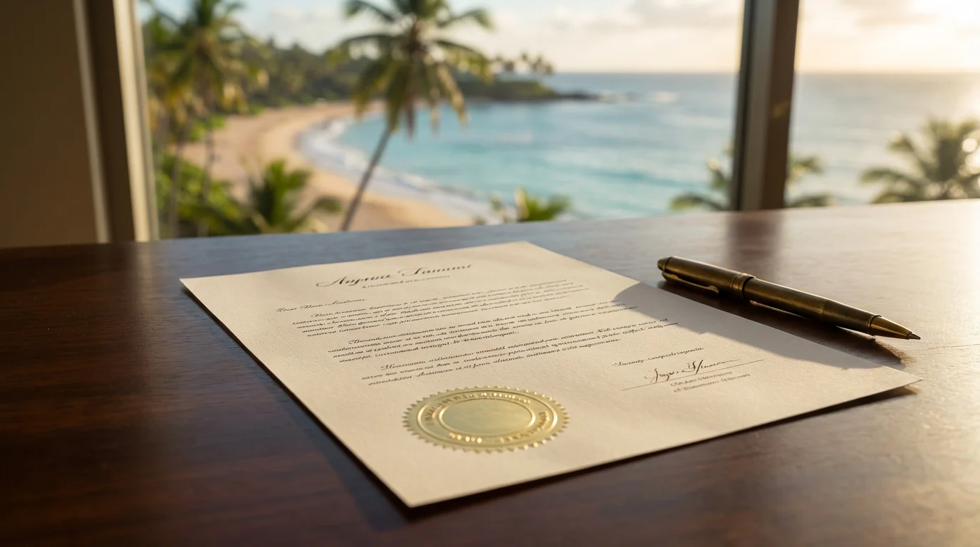 Official-looking document with a seal and a tropical island silhouette in the background