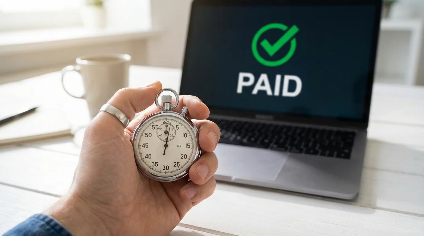 A stopwatch being held next to a laptop showing a payout confirmation screen
