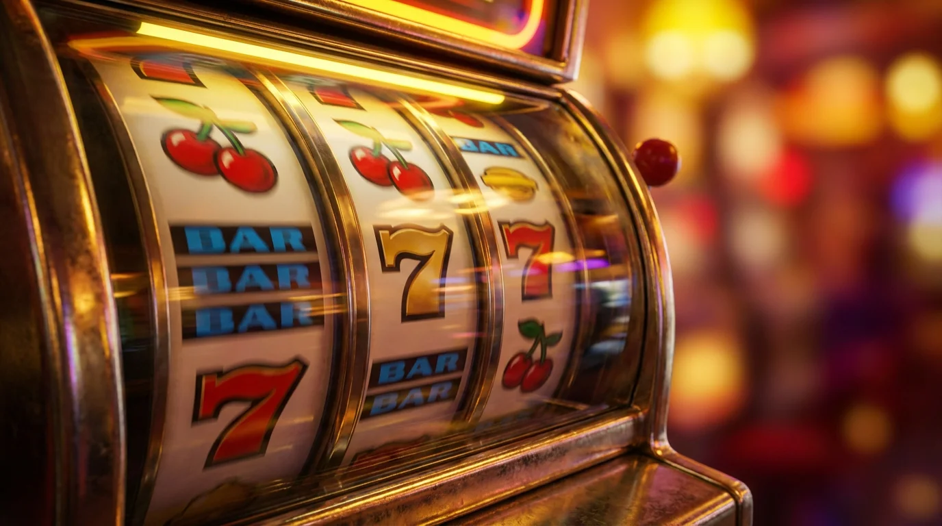 Close-up of a colourful slot machine reel spinning with motion blur in warm casino lighting