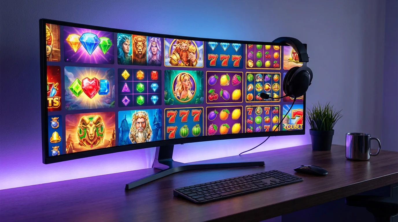 A desk with multiple game controller, laptop, and colourful game graphics on screen