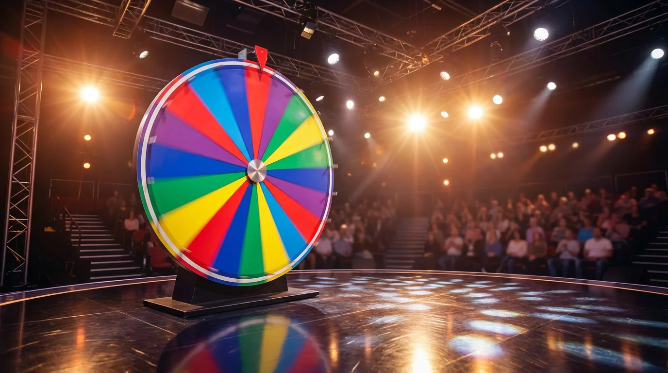 A colourful spinning wheel under bright studio lights on a game show stage set