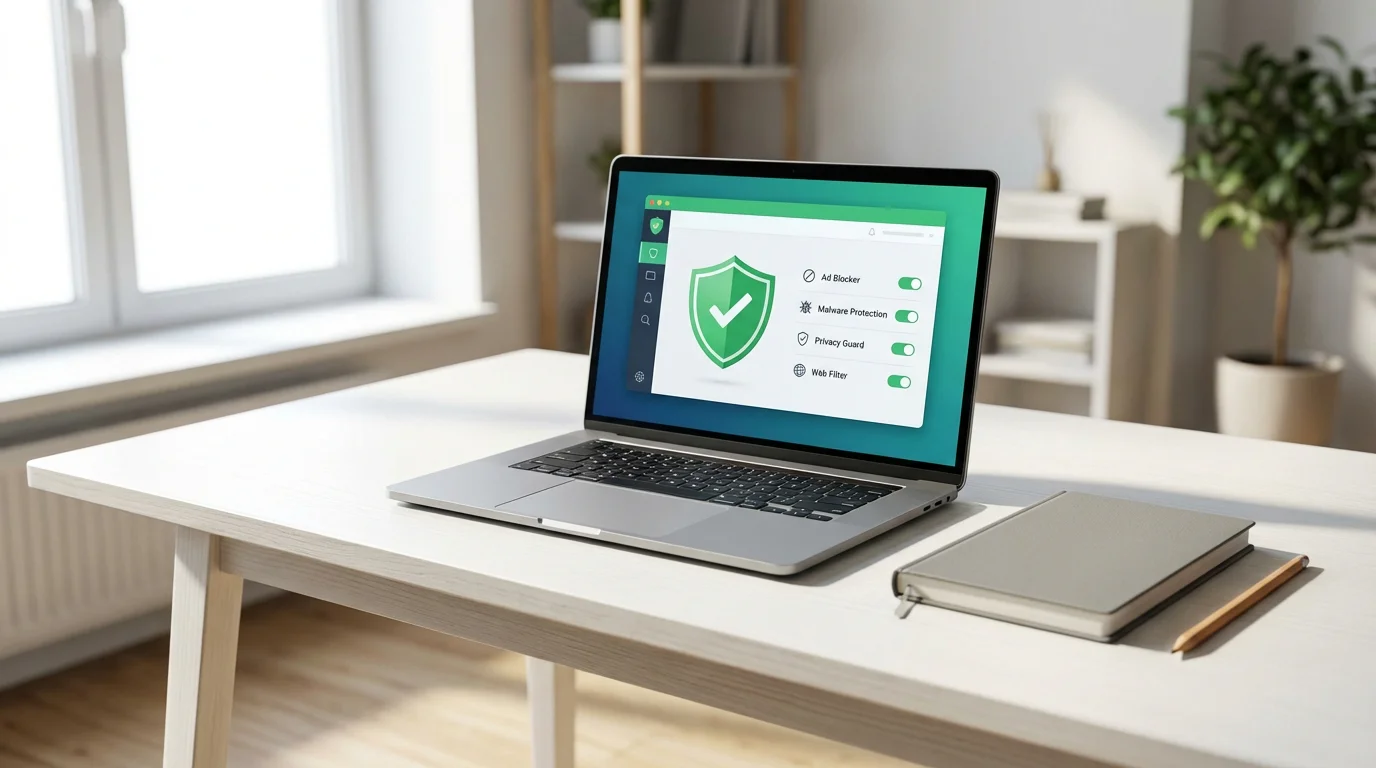 A laptop screen showing a shield icon and a list of software tools on a clean desk