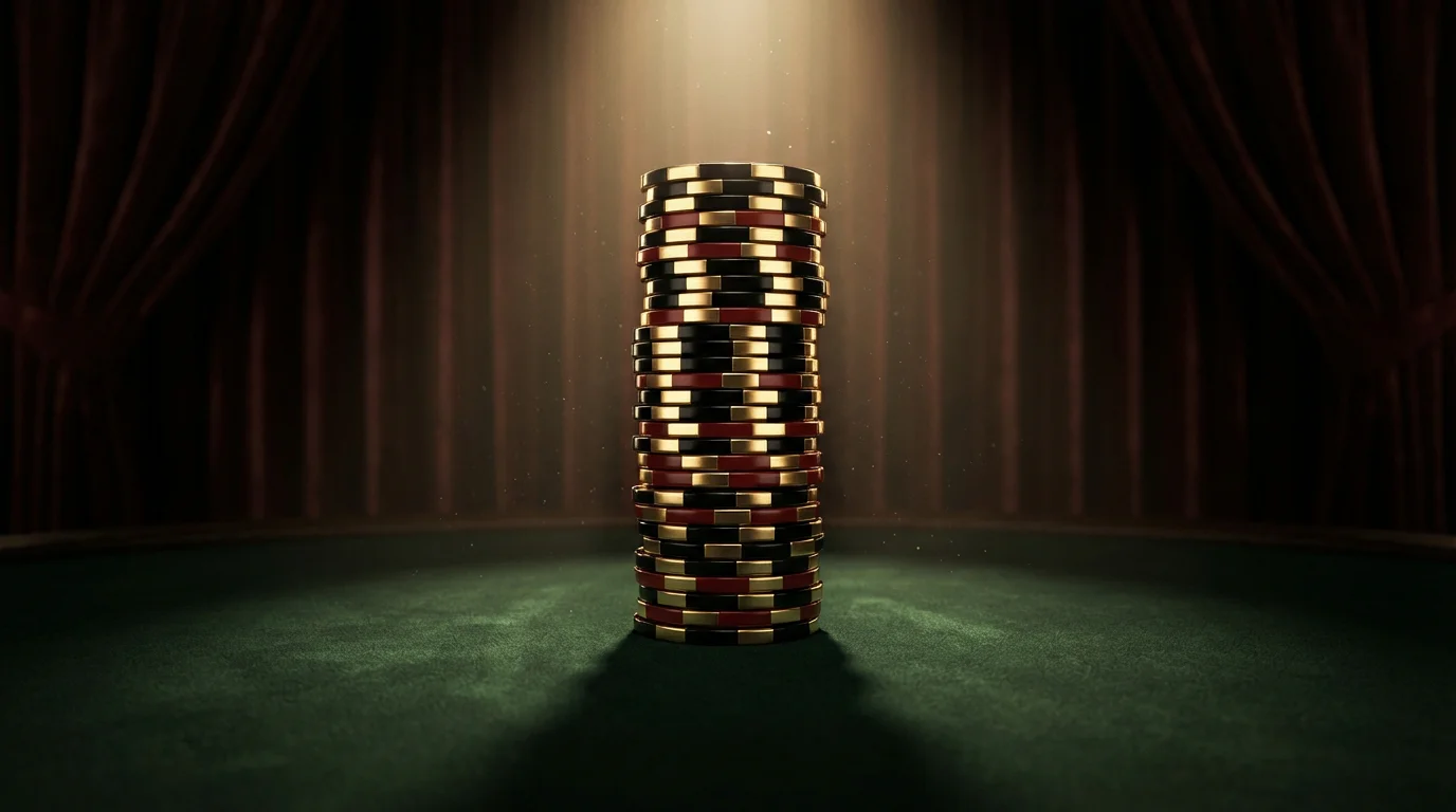 A tall stack of premium casino chips on green felt under a dramatic spotlight