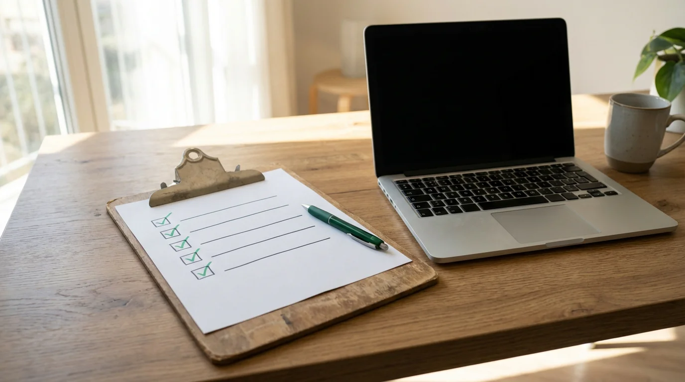 A clipboard with a checklist and green checkmarks lying on a desk next to a laptop