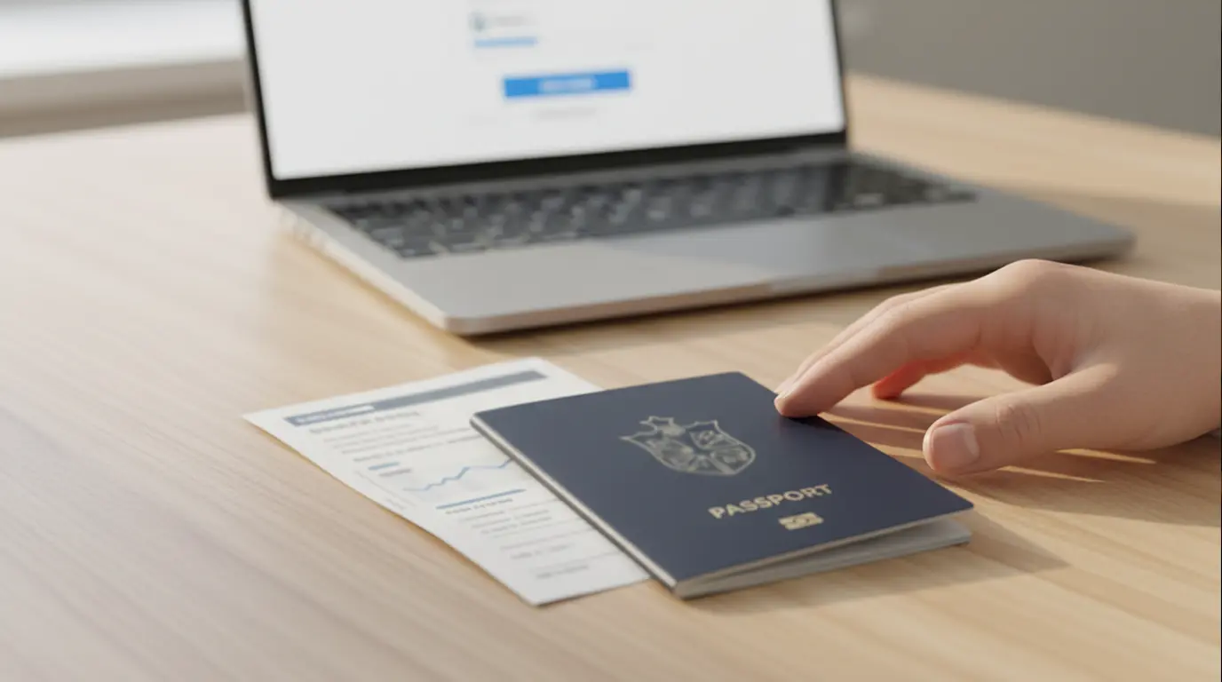 A passport and utility bill lying on a desk next to a laptop for identity verification
