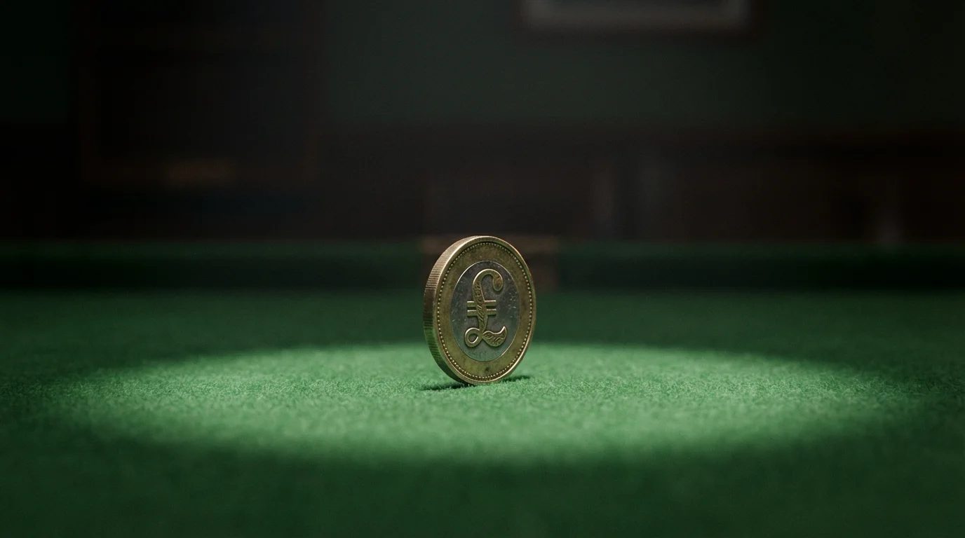 A single small coin standing on its edge on a green felt surface with soft spotlight