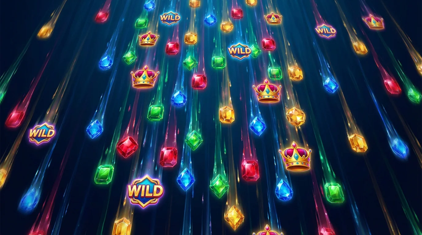 Colourful cascading slot symbols falling in a dynamic pattern against a dark background