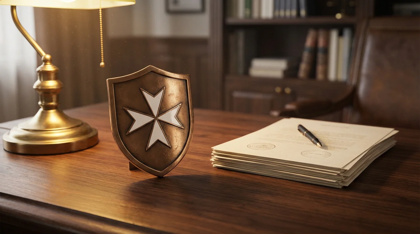 Maltese cross emblem on a shield placed on a desk with gaming documents