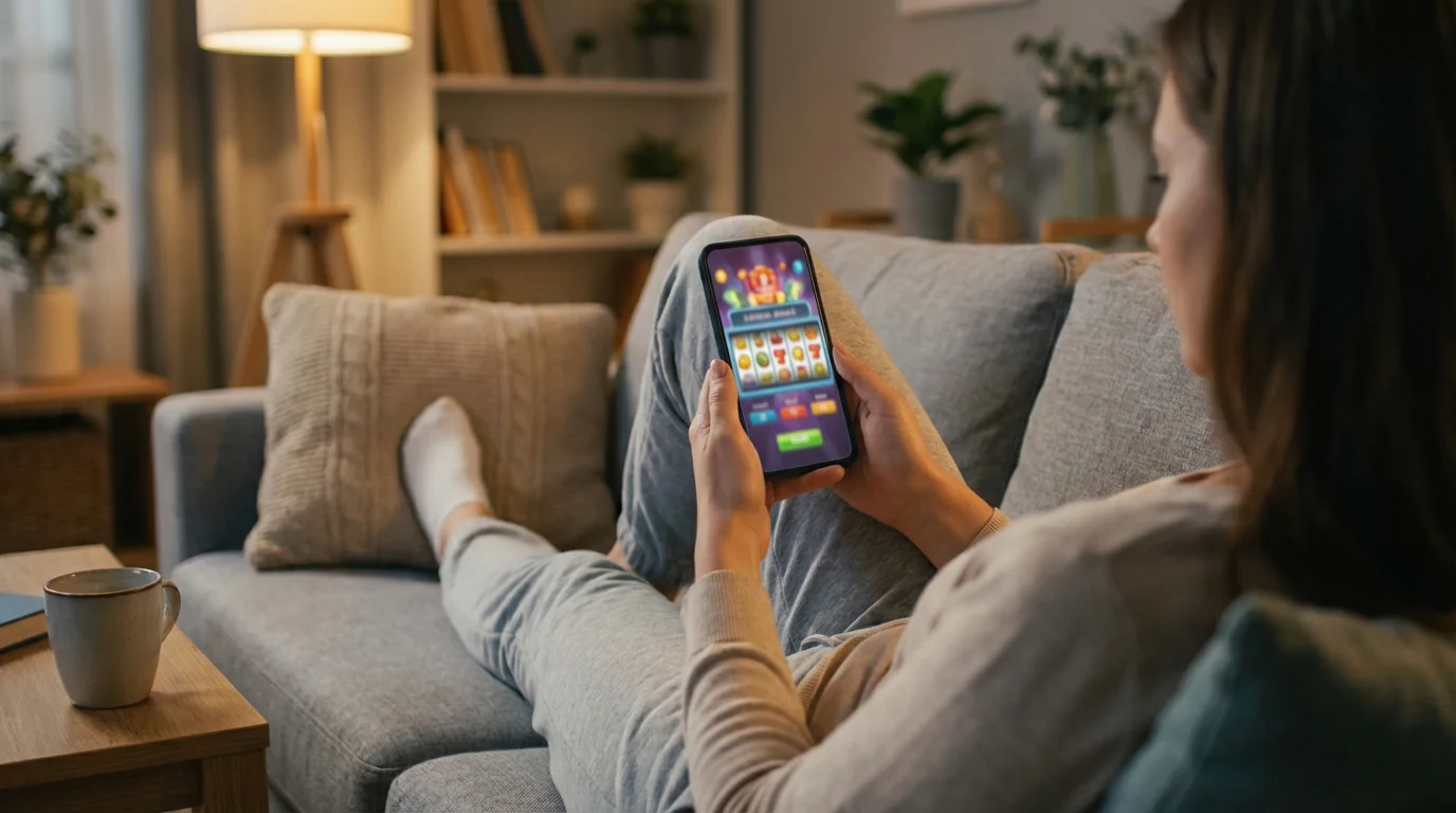 Person relaxing on a sofa playing a casino game on a smartphone