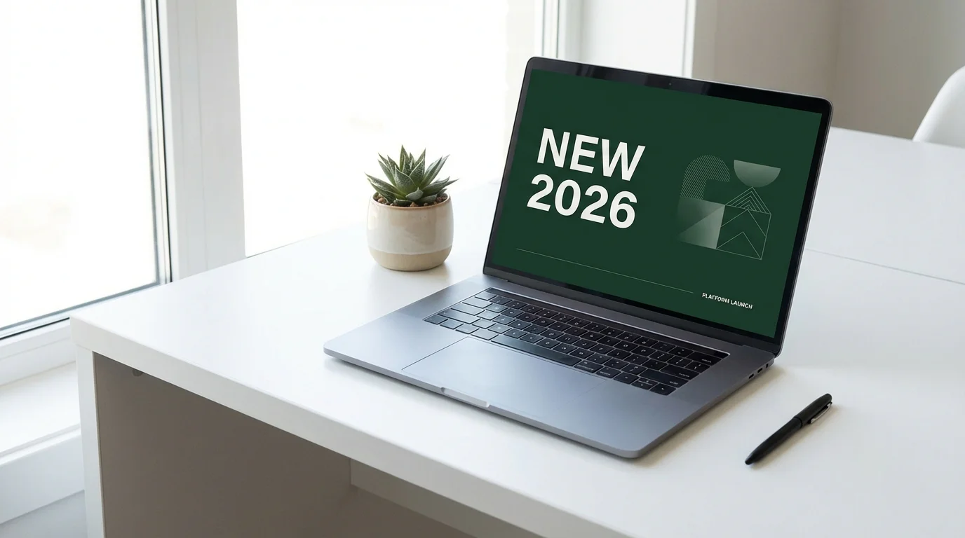Modern laptop on a clean desk showing a fresh casino platform launch page with 'New 2026' text