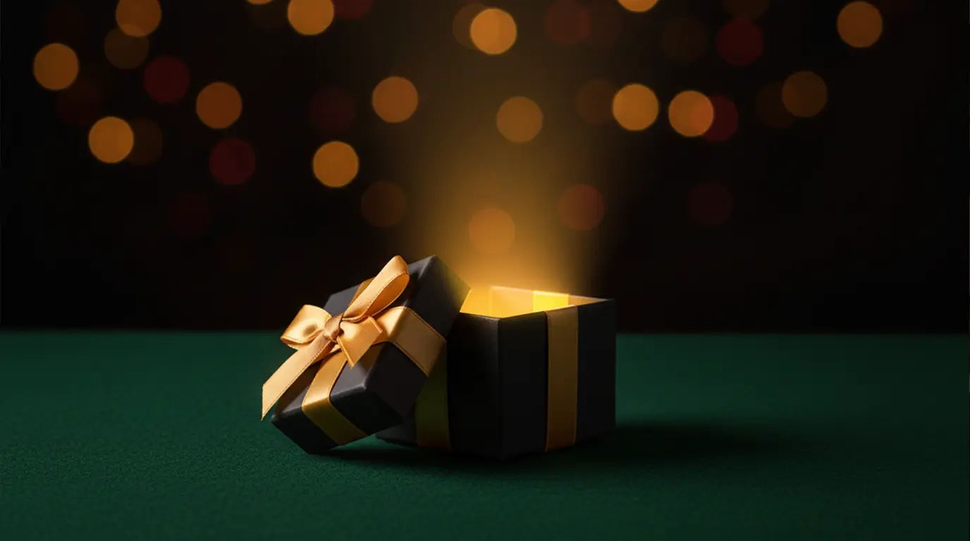 Gift box with a ribbon opening to reveal a glowing bonus symbol on a felt green surface