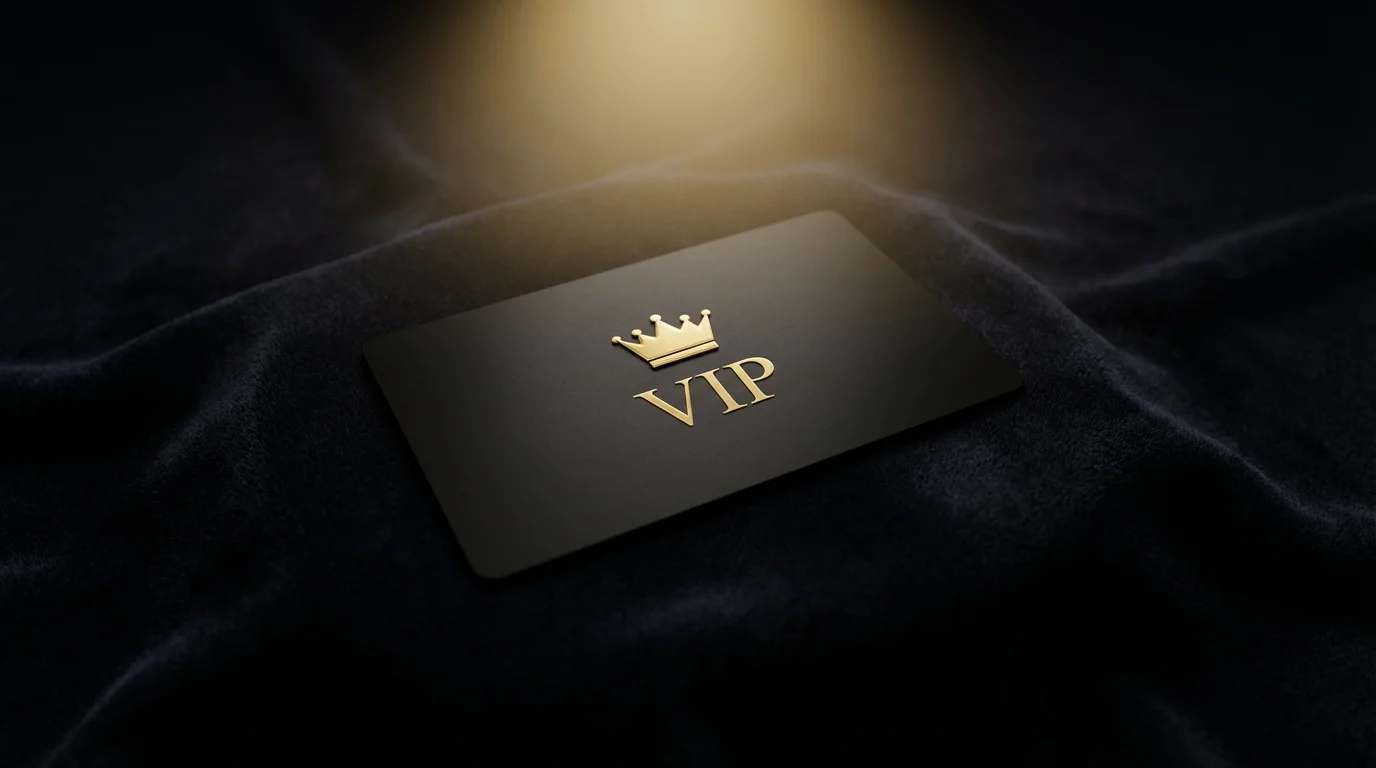 Elegant VIP membership card on a dark velvet surface with a gold crown emblem
