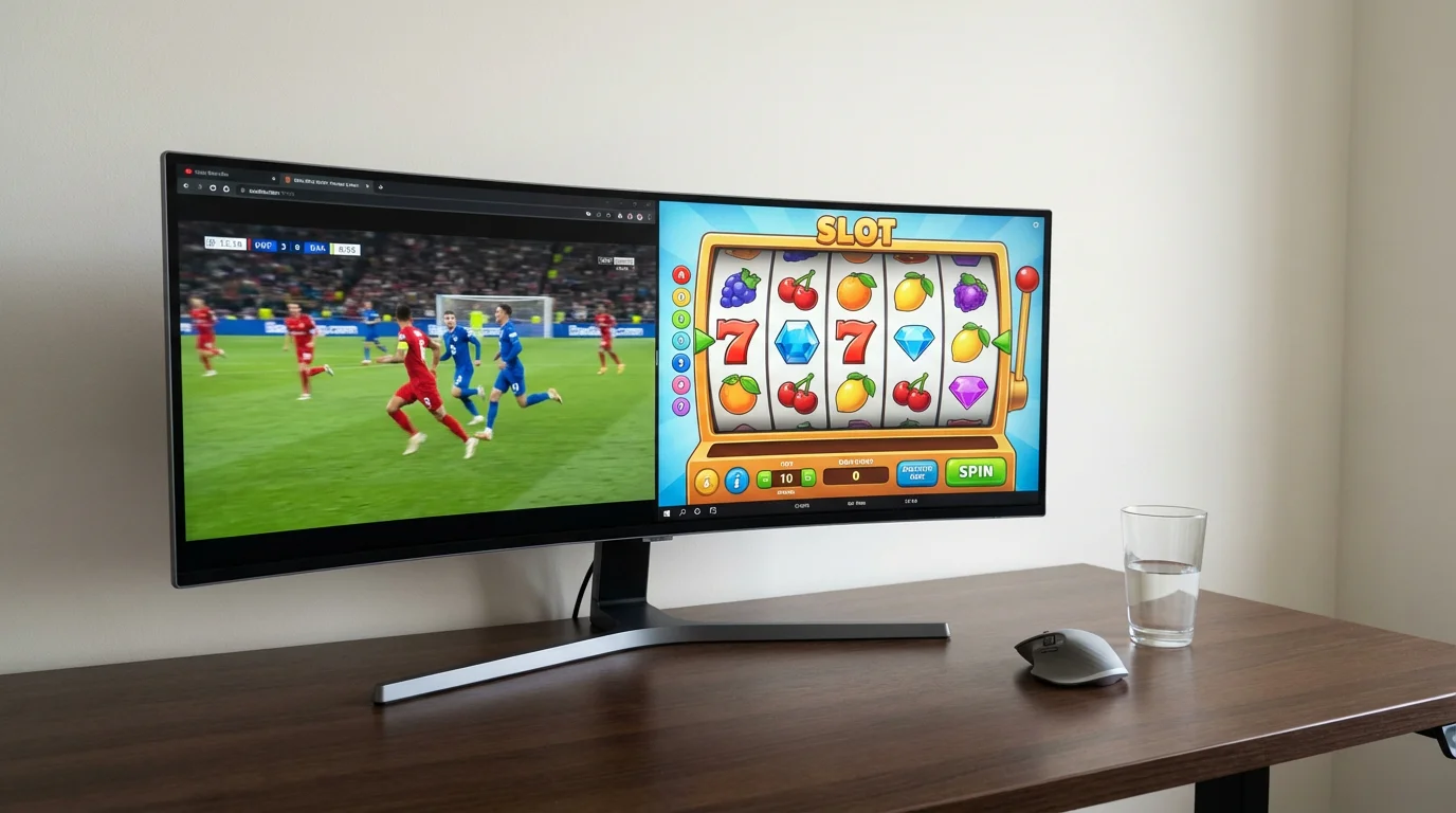 Split-screen view of a laptop showing a football match on one side and a slot game on the other