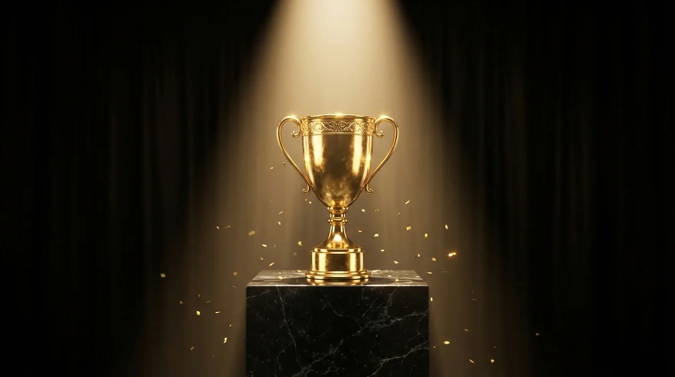 A glowing golden trophy on a pedestal with dramatic spotlighting against a dark background