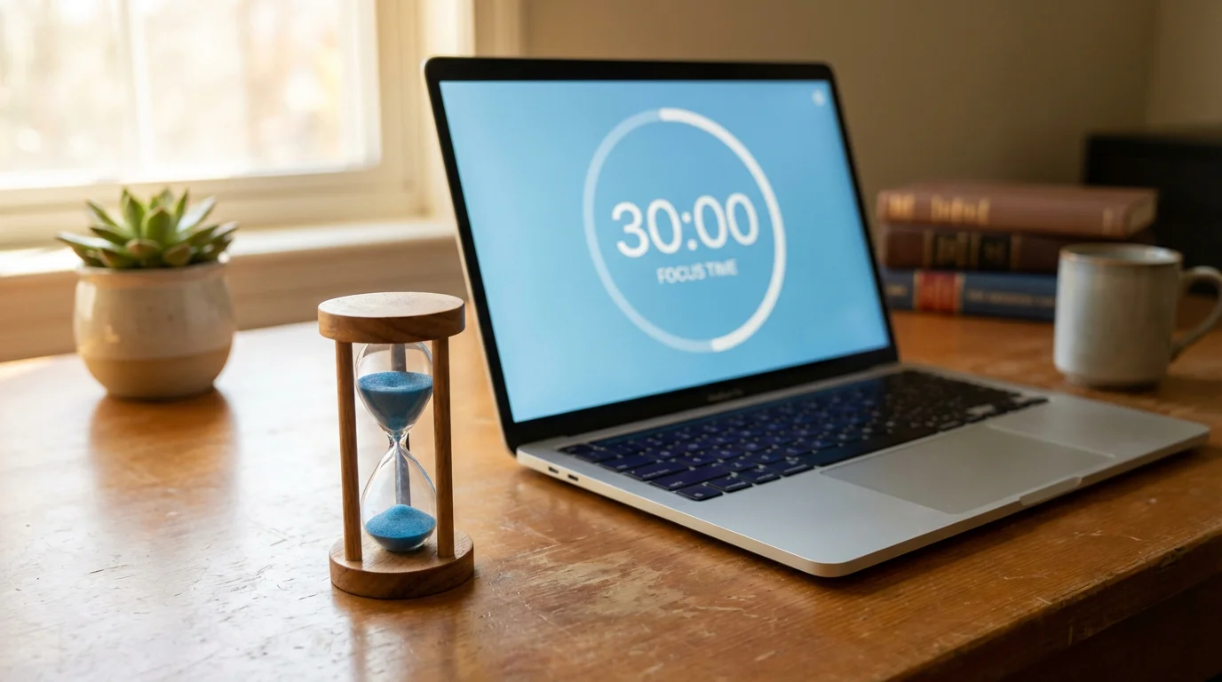 An hourglass on a desk next to a laptop displaying a session timer interface