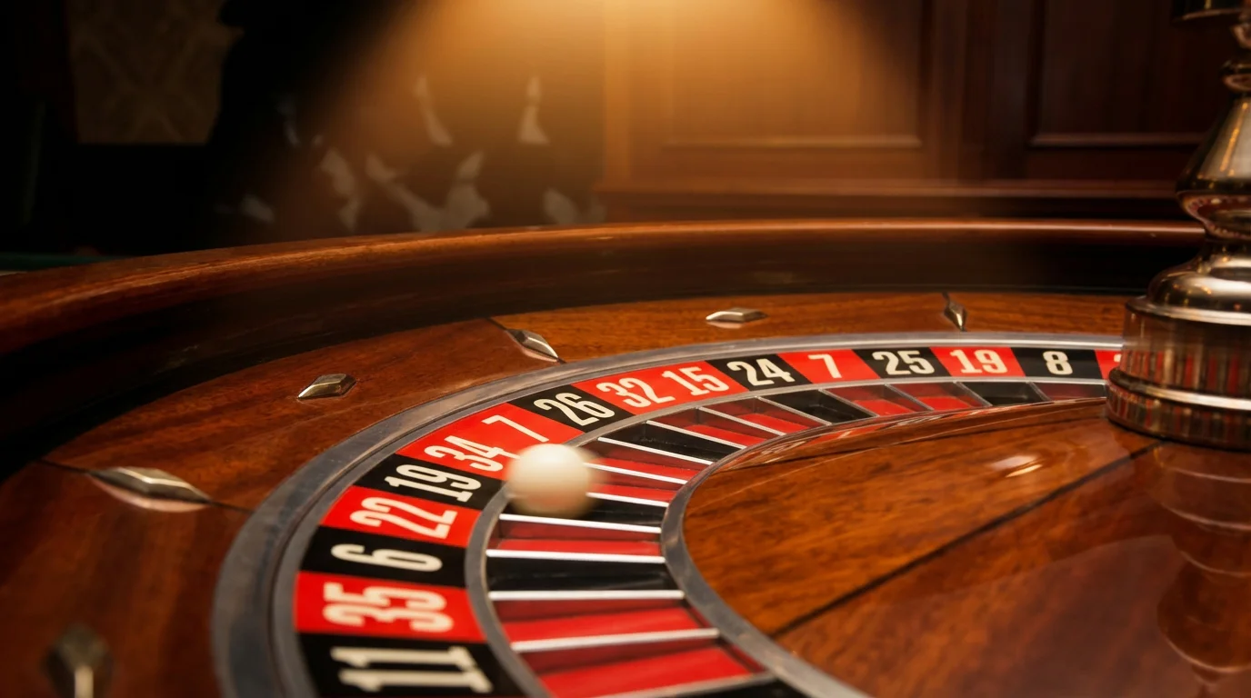 Close-up of a spinning roulette wheel with the ball in motion under warm casino lighting