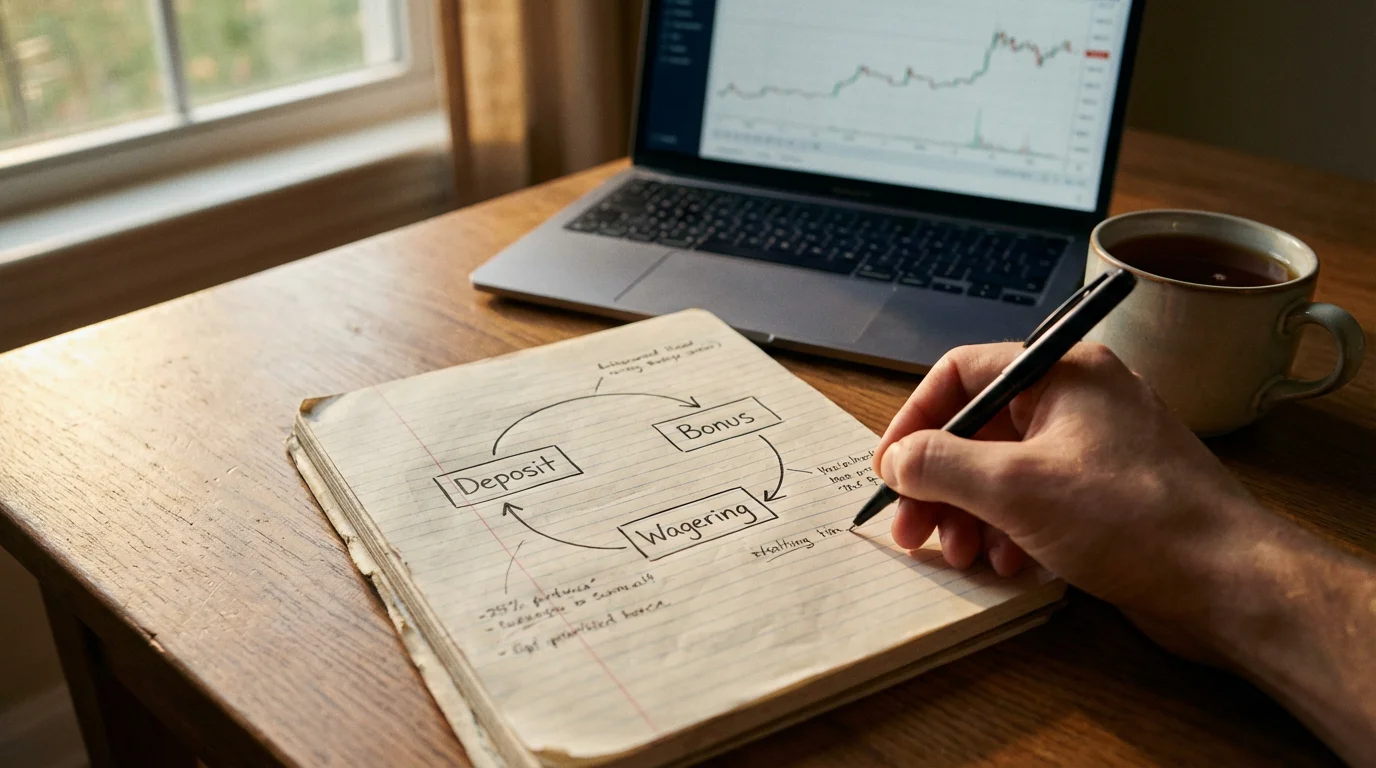 Person writing calculations in a notebook with a simple diagram of bonus rollover
