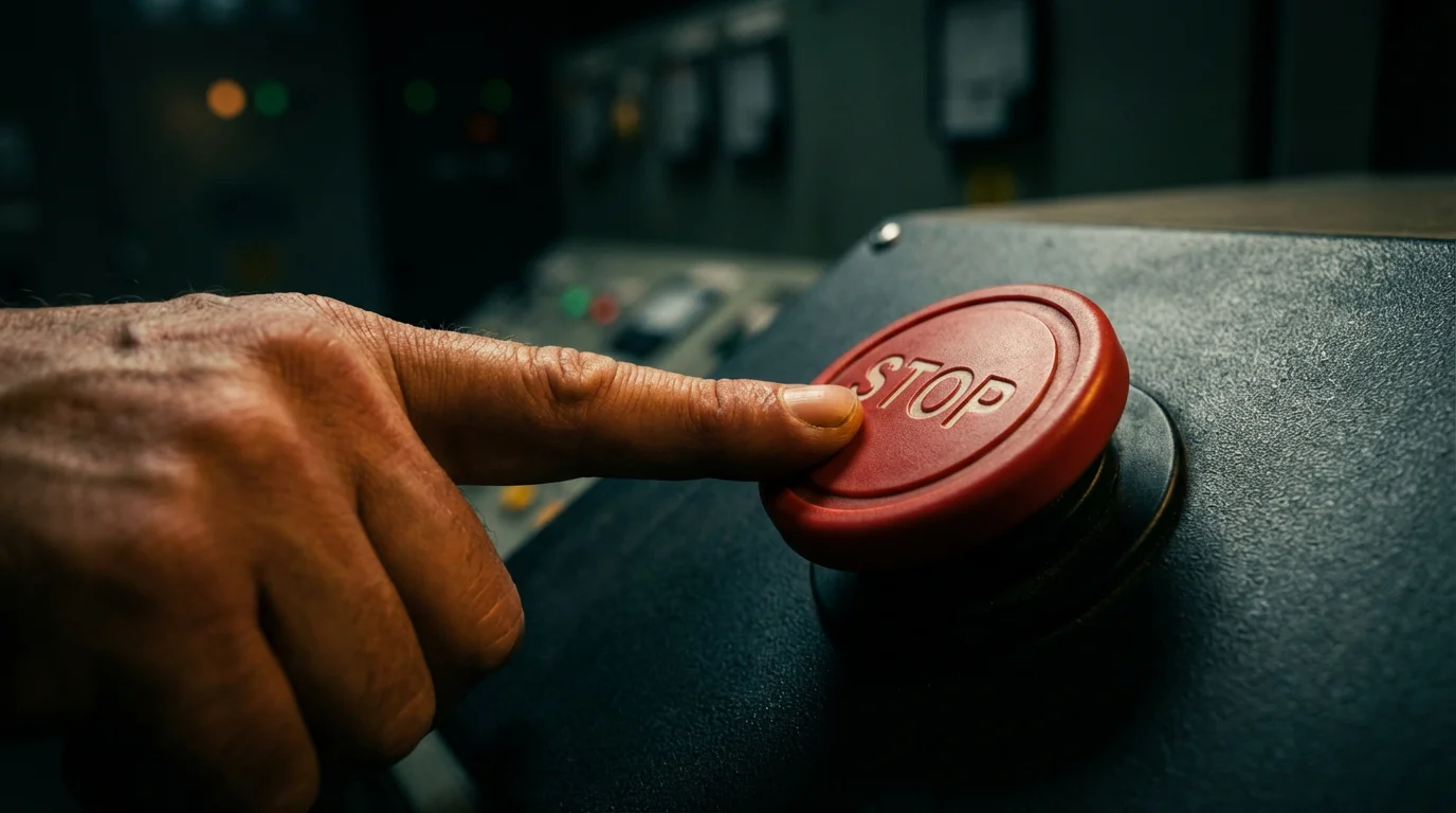 A person pressing a large red 'Stop' button on a desk symbolising self-exclusion